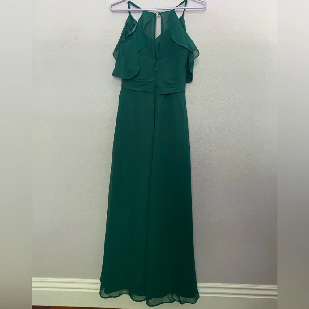 Azazie Dakota Emerald A-line V-neck pleated chiffon dress Cold Shoulder - Picture 3 of 7